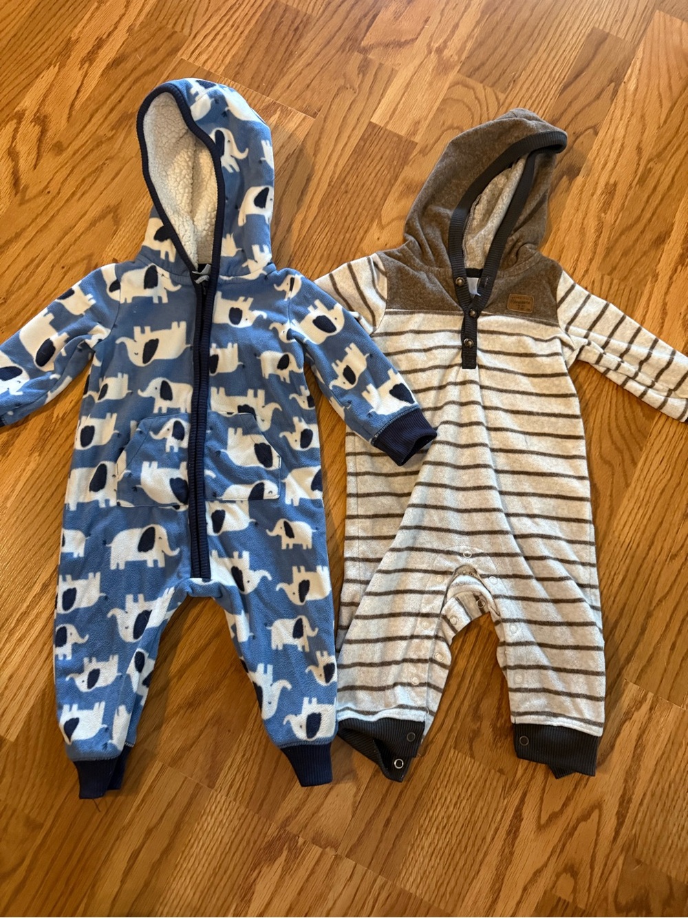 Carter's Blue & Gray Hooded One-Pieces with Elephant and Stripe Prints